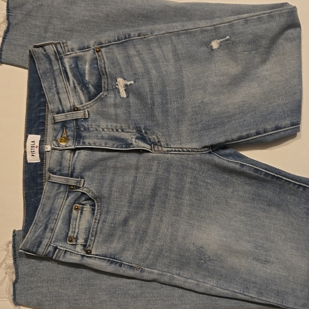 Pistola High Rise Straight Leg Ankle Crop Jeans Distressed Raw Hem Blue Size 27